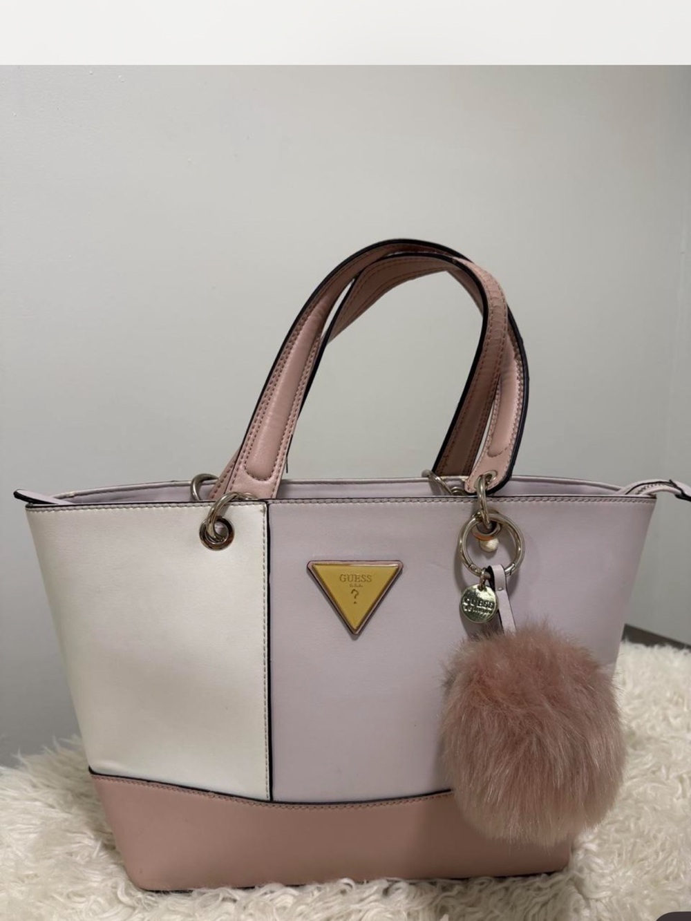 Guess Pink, White & Blush Panel Tote with Pom Key Charm
